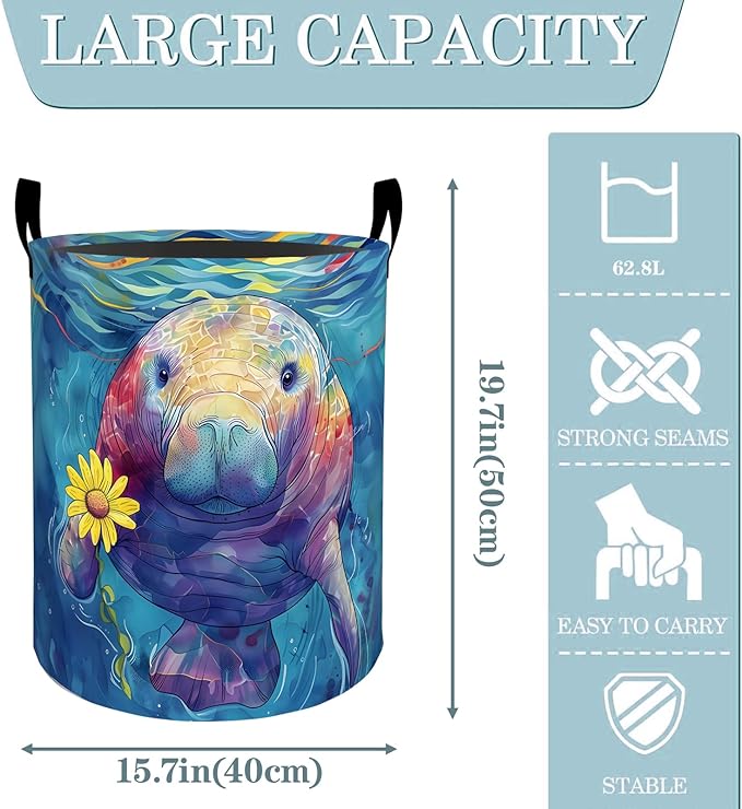 Colorful Manatee Flower Laundry Basket, Dirty Collapsible Clothes Toy Organizer Hamper for Kids Adults, Oxford Cloth Waterproof Storage Bin for Bedroom Bathroom Ocean Decor Gifts, 19.7"X15.7"
