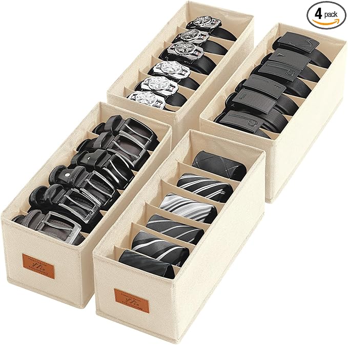 4 PCS Belt Organizer for Closet, 6 Grids Belt Holder, Washable Belt Box, Foldable Tie Organizer for Men, Belt Storage for Drawer (Beige, 13.38inch)