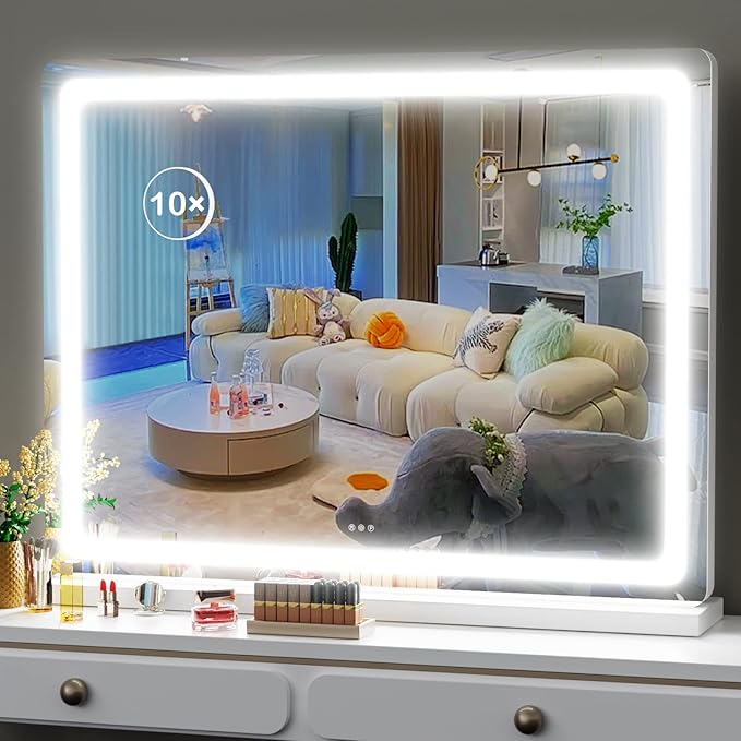 Makeup Vanity Mirror with Lights 32" x 24" Large LED Makeup Mirror, Light up Mirror with 10X Magnification and USB Charging Port, with Dimmable 3 Modes, Touch Screen Control Round White