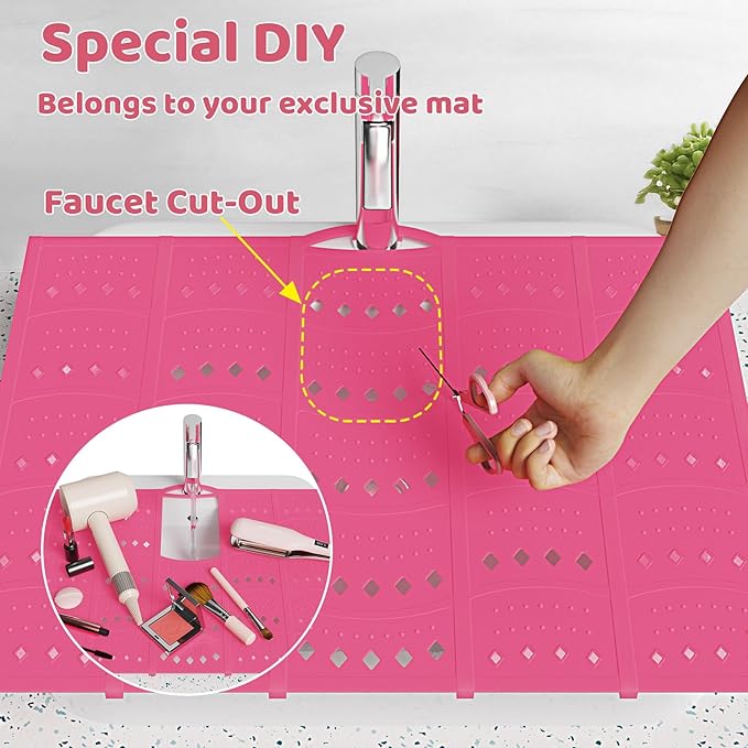 Bathroom Sink Cover for Counter Space, Foldable Silicone Sink Mat Makeup Organizer Mat Space Saver, Women’s Gifts for Valentines RV Camper Travel Must Haves Accessories, Pink