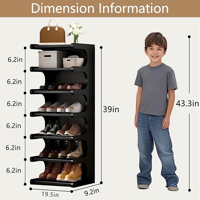 7-Tier Vertical Shoe Rack, Bamboo Free Standing Shoe Rack Shelf, Shoe Storage Stand, Entryway Shoe Tower, Vertical Shoe Organizer for Narrow Closet, Entryway, Hallway