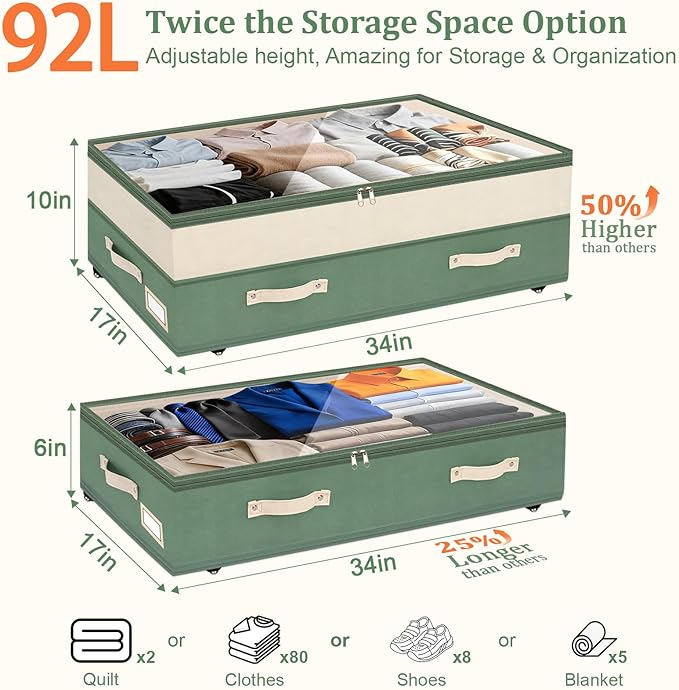 Dolicer 2 Pack Under Bed Storage with Wheels, 6in-10in Height Adjustable Underbed Storage Containers, 92L XXXL Under Bed Drawers Rolling Bin with Clear Lids for Dorm Shoes Clothes Organizers(Green)