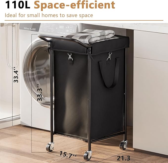 110L Laundry Basket with Wheels, Rolling Laundry Hamper with Metal Frame and Removable Bag, Dirty Clothes Hampers for Bedroom, Bathroom, Dorm Room, Black
