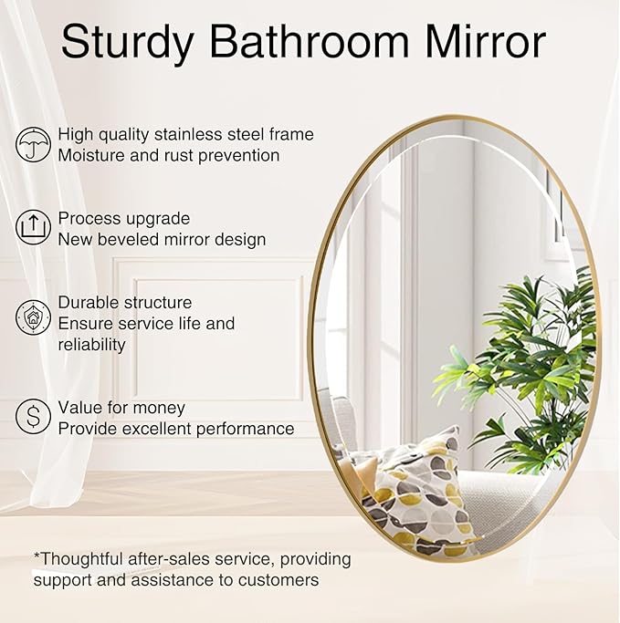 POZINO Brush Oval Vanity Mirror, 20"x28" Gold Mirror for Over Sink, Modern Rounded Mirrors with Stainless Steel Frame, Brass Beveled Mirrors for Bathroom Bedroom Living Room, Horizontal Or Vertical