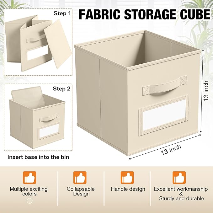 10 Pcs Fabric Storage Cubes with Labels 13 Inch Collapsible Cube Organizer Baskets with Window Cards for Shelf Nursery Clothes Book Toys Storage Bin(Beige)