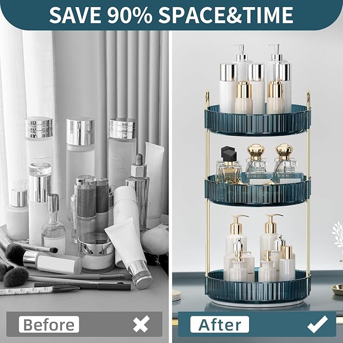 360 Rotating Makeup Organizer for Vanity, Bathroom Countertop Organizer Spinning Perfume Organizer, High-Capacity Cosmetic and Skincare Dresser Make Up Holder Rack (3 Tiers, Blue)