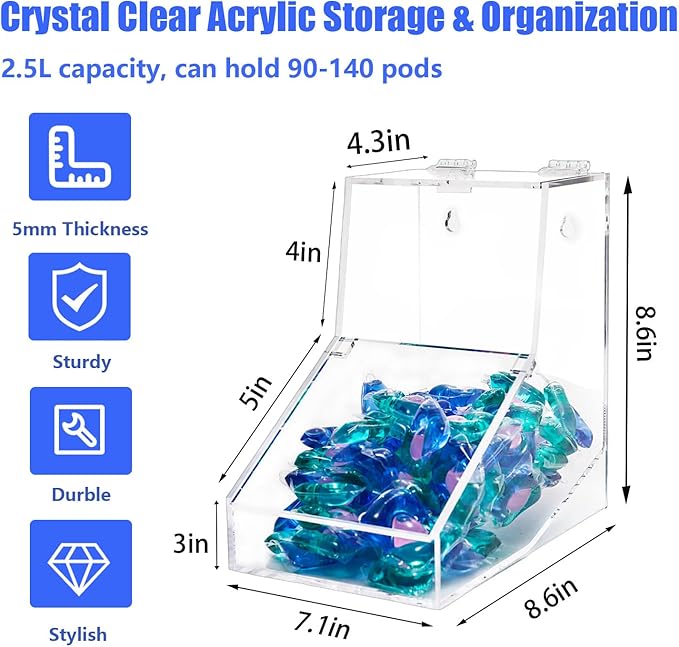 Laundry Pods Container,Acrylic Candy Dispenser Holder with 2 Lids,Dishwasher Pod Holder,Coffee Pod Holder, Laundry Pod Holder for Laundry Room,Kitchen,Home (1 pcs,8.6" L x 7.1" W x 8.6" H)