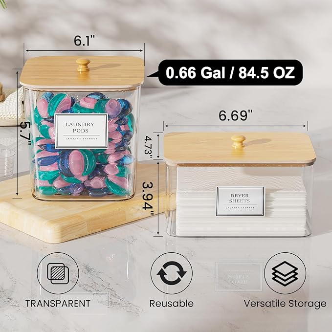 4 Pack Clear Laundry Pod Container, Laundry Room Organization Containers with Wooden Lids & Labels - Large Detergent Powder Storage for Room Organization, Scent Booster Holder