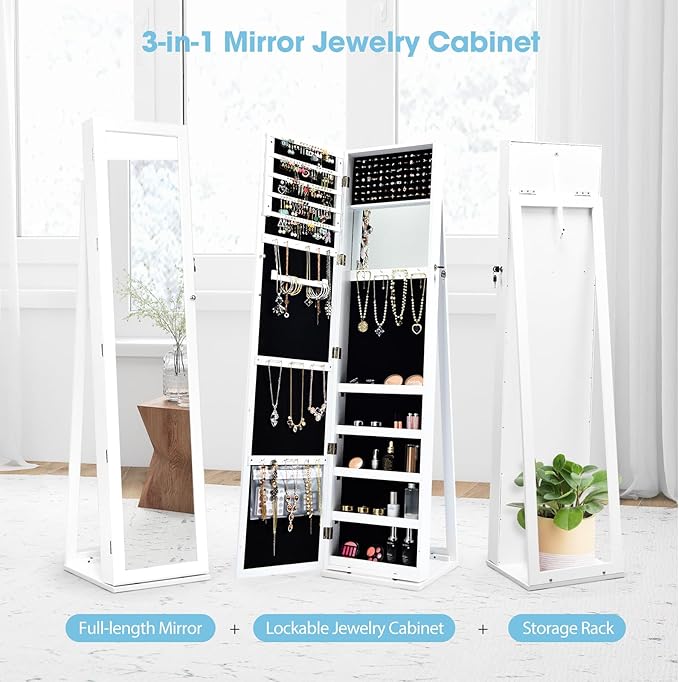 GOFLAME Jewelry Cabinet with Full-length Mirror, Jewelry Storage Organizer with Makeup Mirror, Back Storage Shelf, Lockable Jewelry Cabinet Armoire for Bedroom, Living Room (White)