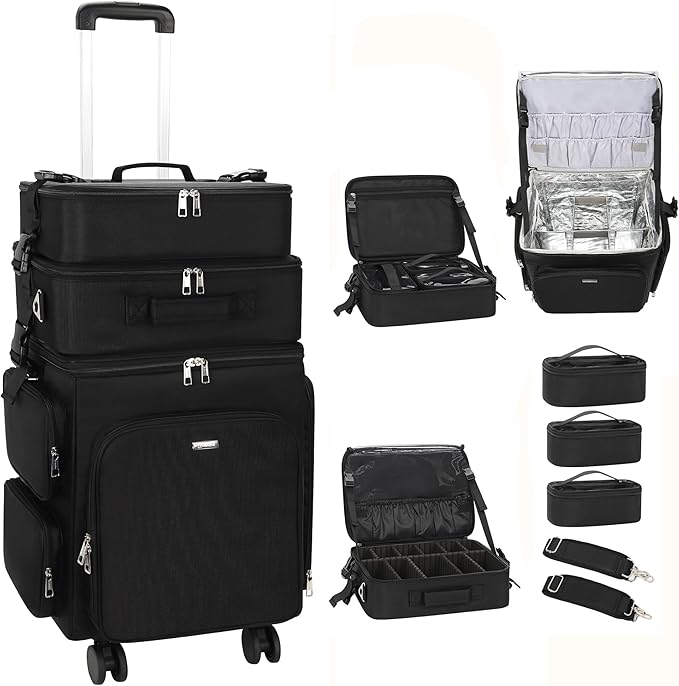 Relavel Rolling Makeup Case, 3 in 1 Hairstylist Traveling Bag Cosmetology Case on Wheels Large Hair Tools Cosmetics Train Case Makeup Artist Storage Organizer Trolley Suitcase with 360° Swivel Wheels