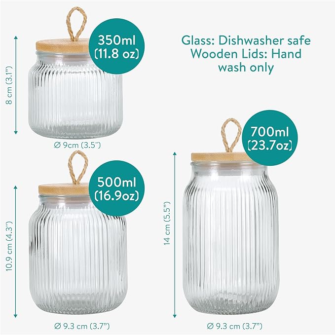 Navaris Bathroom Storage Ribbed Glass Canister Set of 3 - Multipurpose & Airtight for Cotton Wool Ear Buds, Pads, Q Tips, & Make Up - Organiser for Vanity & Dressing Table Decor