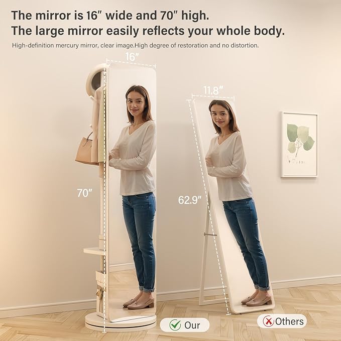70"x19"Full Length Mirror with Stand,Coat Rack with Mirror,Solid Wood Floor Mirror,Swivel Mirrorfor Bedroom, Living Room, Cloakroom