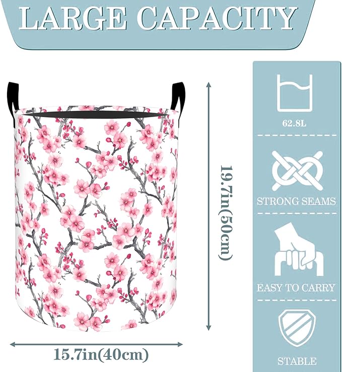 Cherry Blossom Floral Branch Laundry Basket, Dirty Collapsible Clothes Toy Organizer Hamper for Kids Adults, Oxford Cloth Waterproof Storage Bin for Bathroom Home Decor Gifts, 19.7"X15.7"