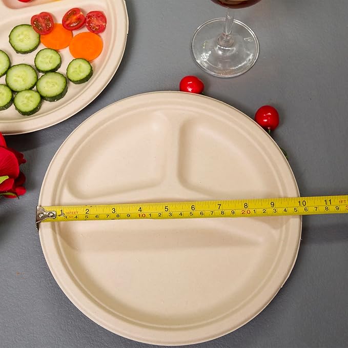 150pack 3 compartment,10inch Disposable Heavy Duty Eco Friendly Round Divided Paper Plates,Compostable Sugarcane Bagasse Sectional Plates disposable For Dinner