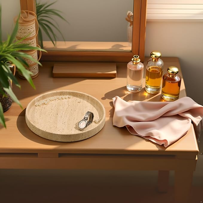 Natural Travertine Vanity Tray – Round Beige Marble Tray for Bathroom, Jewelry, Candle, Perfume, Nightstand & Kitchen Decor, 10 Inch Wabi-sabi Style Decorative Stone Catchall Organizer