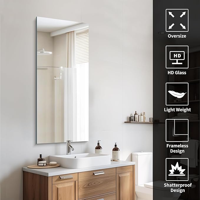 CILIBER Frameless Mirror, 20x48 Inch Bathroom Mirrors for Wall, Rectangle Bathroom Vanity Mirrors with Polished Edge, Hangs Horizontally or Vertically for Bathroom, Bedroom and Living Room