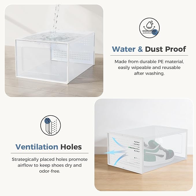DUMOS Clear Shoe Storage Boxes, 15-Pack Plastic Stackable Shoe Containers with Lids, Display Sneaker Case Organizer for Closet, Under Bed, Entryway,White (Fit Size 9)