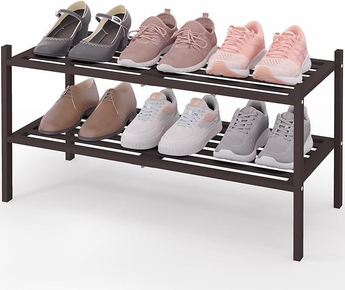 Smiry Bamboo Shoe Rack 2-Tier, Stackable Wooden Shoe Organizer for Entryway & Closet, Free Standing Wood Shoe Storage Shelf for Front Door & Small Spaces, Brown