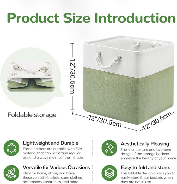 12 x 12 Inch Cube Storage Bins, 4 Pack Fabric Storage Basket with Handles, Foldable Boxes Organizer for Shelf Baskets for Home, Clothes (White/Green)