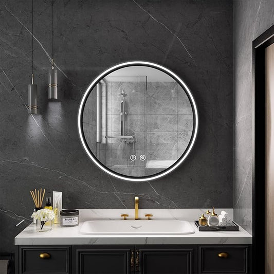 Led Bathroom Mirror with Lights, 30'' Round Heavy Duty Aluminum Frame Bathroom Vanity Mirror with Lights, 3 Colors, Brightness Stepless Dimmable, Anti-Fog, Memory Function, Single LED Black