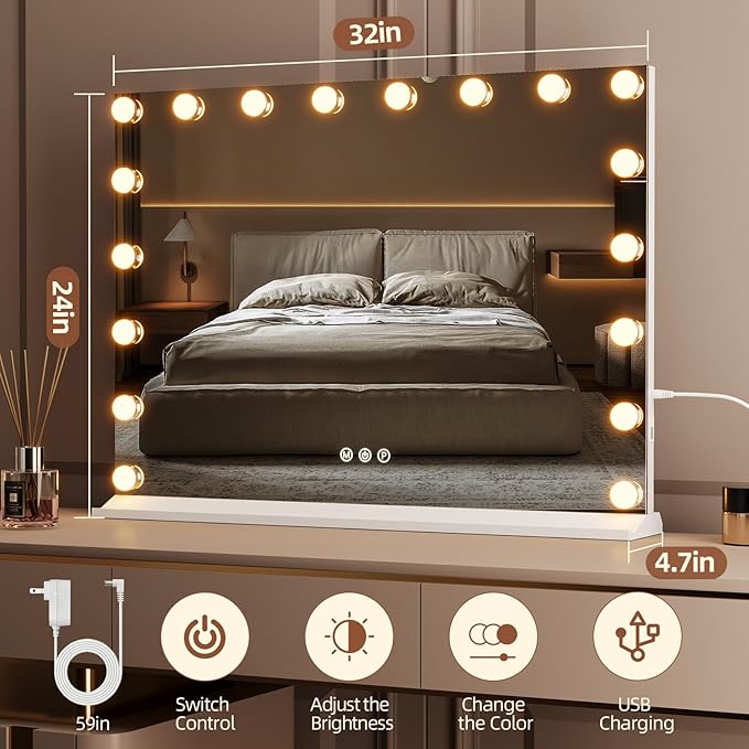 Vanity Mirror with Lights, Makeup Mirror with USB/Type-C Charging, Large Hollywood Mirrors w/ 18 LED Bulbs & 5X Magnifier, LED Mirrors for Bedroom Tabletop & Wall Mounted