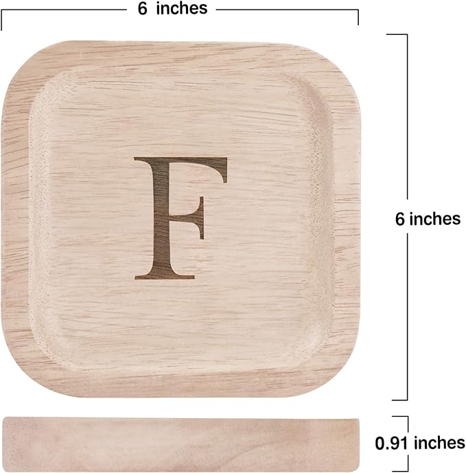 I'm Wooden Personalized Letter Catchall Valet Tray Trinket Dish Jewelry Tray Key Bowl Decorative Plate Organizing Ring Earrings Necklaces Bracelet Watch Coins Wallet Holder (6"x6" Sq Natural F)