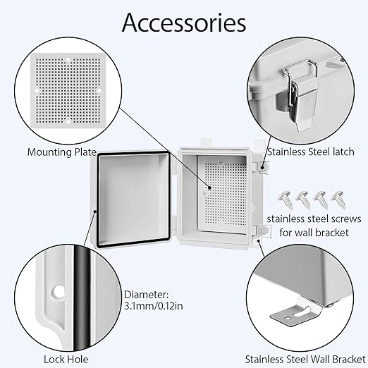LeMotech Electrical Box, IP67 Waterproof Hinged Cover Stainless Steel Latch Junction Box, ABS Plastic Electrical Enclosure with Mounting Plate,Wall Brackets, Cable Glands,5.9"x5.9"x3.5",Grey