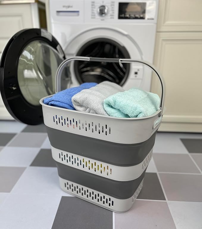 SAMMART 40L (10.5 Gallon) Collapsible Plastic Laundry Basket - Foldable Pop-Up Storage Container/Organizer – Portable Space Saving Laundry Hamper (1, Grey)