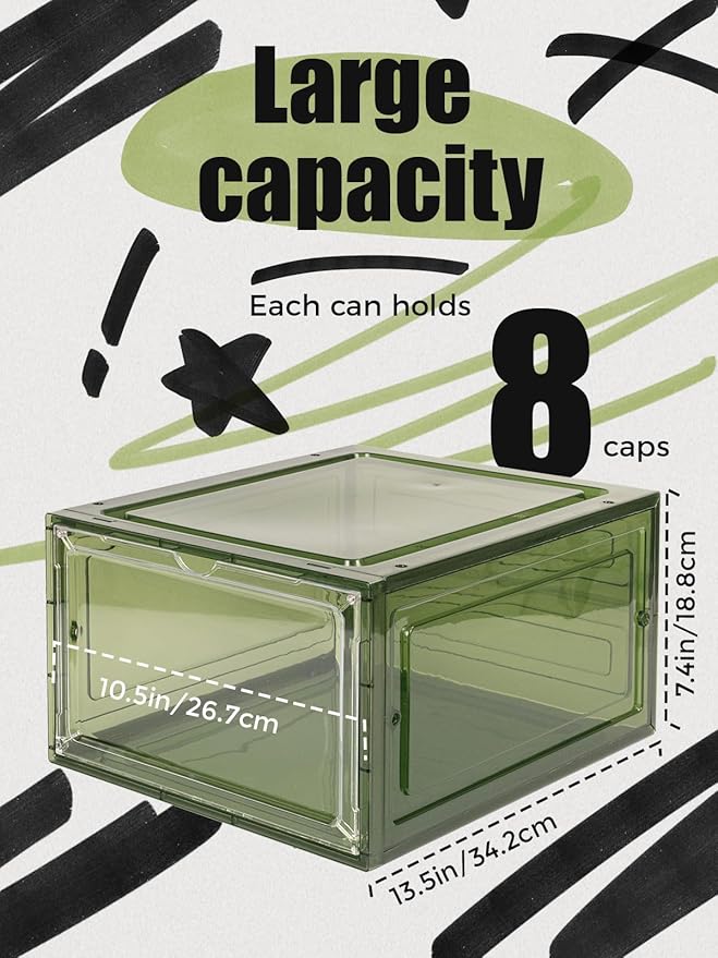 6 Pack Hat Organizer Box, Stackable Clear Baseball Caps Holder Box Containers with Magnetic Door for Hats Snapback Cap Storag, Hat Rack Display Case, Holds 8 Hats Each (Green)