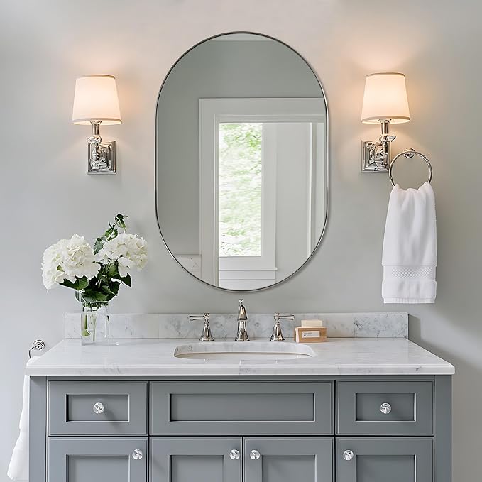 ANDY STAR Brushed Nickel Oval Bathroom Mirror, 24x36 Nickel Pill-Shaped Mirror, Oval Mirrors Wall-Mounted Mirror Vertical/Horizontal