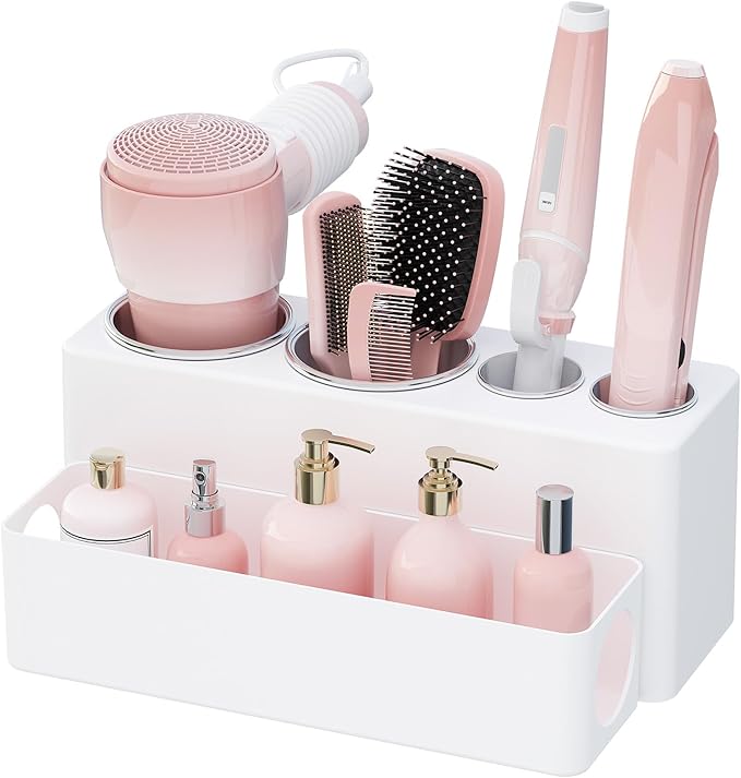 Lifewit Hair Tool Organizer Countertop, Removable Blow Dryer Holder for Bathroom, Acrylic Hot Tools Organizer Storage for Curling Iron, Brush, Straightener, 4 Stainless Cups, White, 30 cm/12 inch(L)