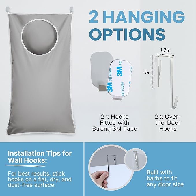 Hanging Laundry Hamper Bag XL, Space Saving over the Door Storage Bags, Behind the Door Hampers for Dirty Clothes & Wall Mounted Basket for Bathroom (Grey, Single Compartment)
