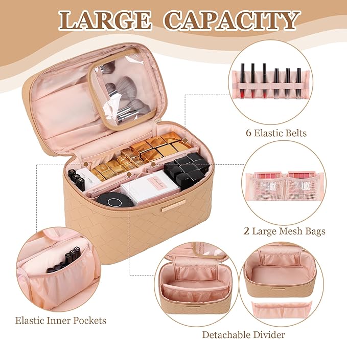 Dajasan Makeup Bag Cosmetic Bag, Travel Makeup Bag, Large Capacity Makeup Organizer Bag, Portable Travel Toiletry Bag for Women Girls, PU Leather Waterproof 11.81 x 6.7 x 7.09 Inch (Khaki)