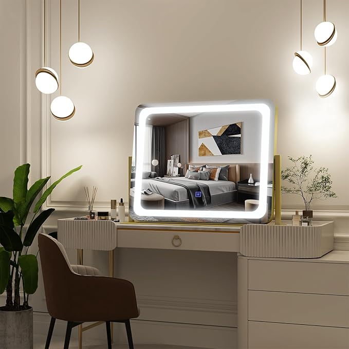 FENNIO Gold Vanity Mirror with Lights 22"x19", LED Lighted Makeup Mirror, Large Makeup Mirror, Make up Mirror with Lighting,Touch Screen with 3-Color Lighting,Dimmable,for Vanity Desk Tabletop