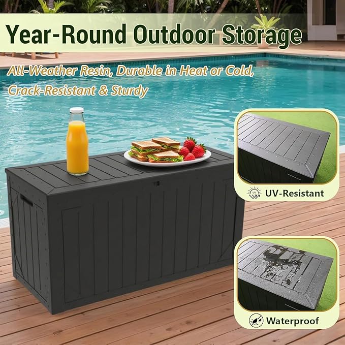 110 Gallon Resin Deck Box Waterproof Outdoor Storage Box for Patio Furniture Pool Accessories Indoor Storage for Cushion Garden Tools, Black