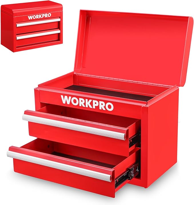 WORKPRO Metal Mini Tool Box, Top Tool Chest containing Two Drawers with Ball Bearing Slides, PVC Drawer Liners and PP Feet Pads, Durable Cold Rolled Steel Small Toolbox for Multi-Purpose Storage