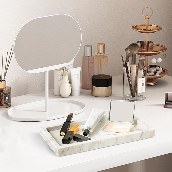 WORHE Italy Marble Vanity Tray for Jewelry, Perfume, Makeup, Candle,Towel Natural Modern Decorative Trays for Bathroom Bedroom Dresser Rectangle Kitchen Storage Organizer for Home Decor White (FX031)