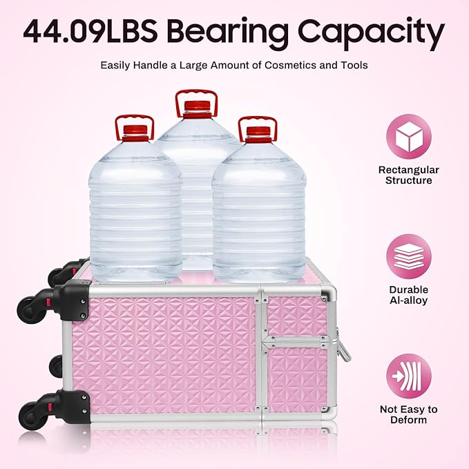 Professional Rolling Makeup Case Pro Makeup Artist Cosmetic Train Case Hairstylist Travel Case Portable Make Up Station with Lockable Drawer & 4 Swivel Wheels - Pink