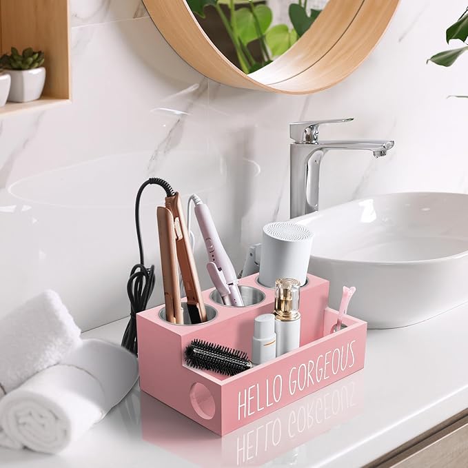 Bivvclaz Hair Tool Organizer, Wooden Hair Dryer Holder Countertop, Wall Mount Hot Tools Organizer for Hair Styling Accessories, Bathroom Supplies Vanity Caddy for Curling Wand, Blow Dryer, Pink