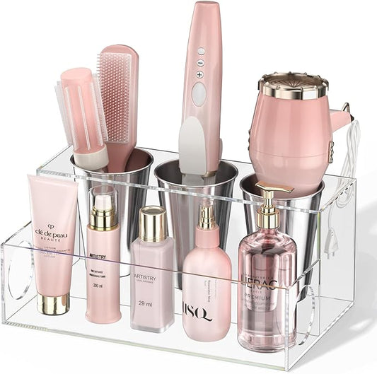 NIUBEE Hair Tool Organizer, Clear Acrylic Hair Dryer and Styling Organizer, Bathroom Countertop Blow Dryer Holder, Vanity Caddy Storage Stand for Accessories, Makeup, Toiletries