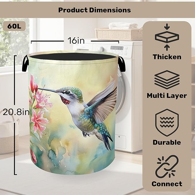 Summer Hummingbird Laundry Basket with Handles - Extra Large Foldable Hamper for Bathroom/Laundry/Bedroom/Dorm, Washable Fabric Storage Bin
