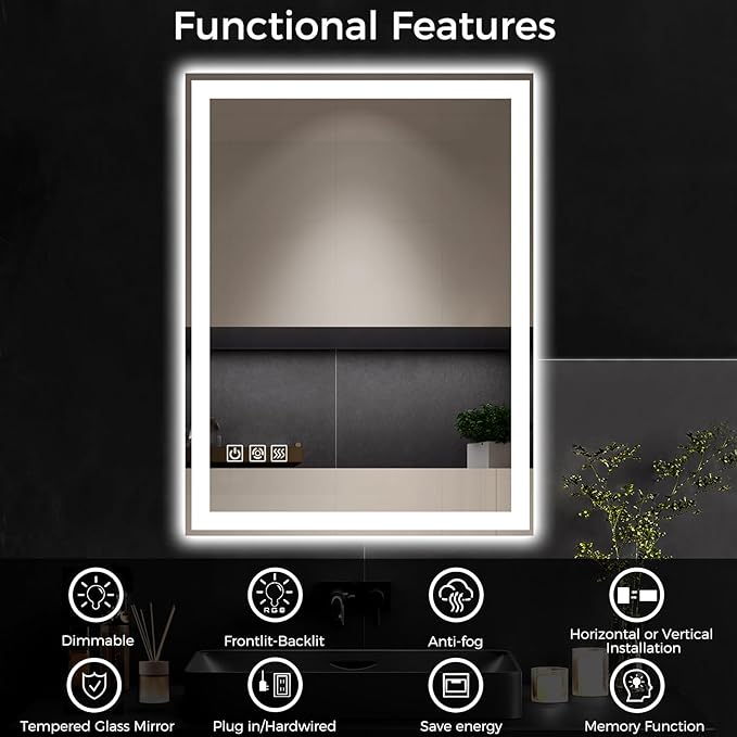 24"X32" LED Bathroom Vanity Mirror with Lights, Anti-Fog, Dimmable, Lighted Bathroom Mirror for Wall, Memory Function, Tempered Glass, Shatter-Proof, Backlit & Front Lit