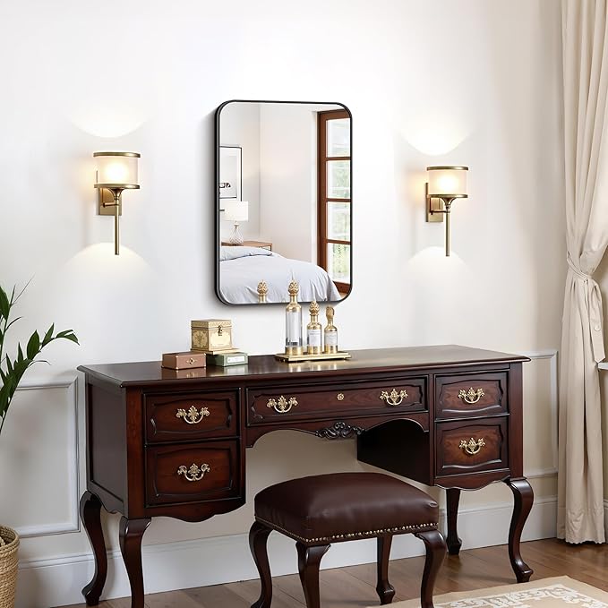 FORBATH Black Bathroom Mirror for Over Sink, Wall Mirror 16x24 Inch with Metal Frame, Rounded Corners for Bathroom, Bedroom, Entryway Décor