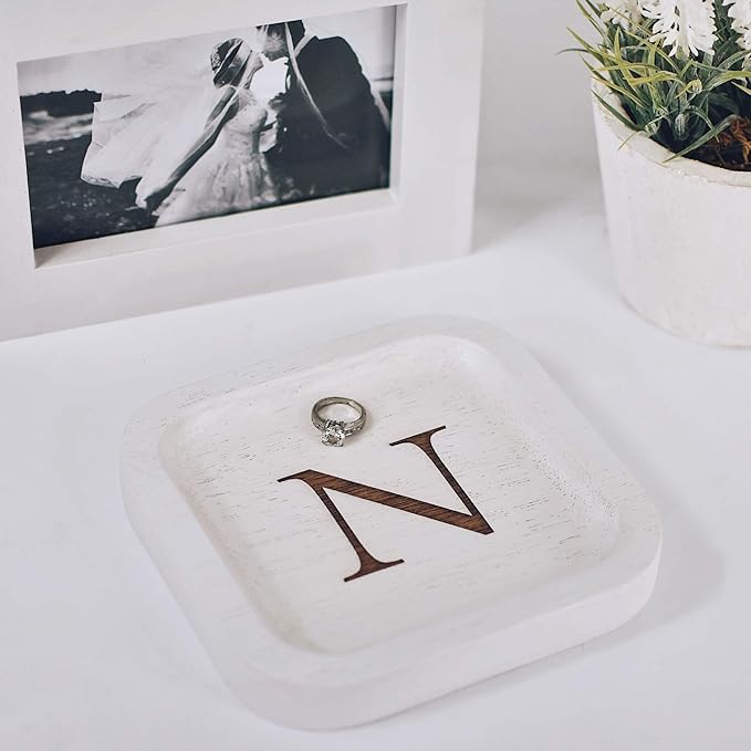 I'm Wooden Personalized Letter Catchall Valet Tray Trinket Dish Jewelry Tray Key Bowl Decorative Plate Organizing Ring Earrings Necklaces Bracelet Watch Coins Wallet Holder (6"x6" Sq White N)