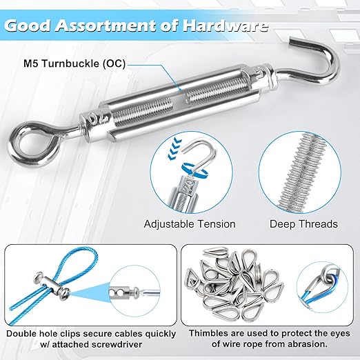Turnbuckles for Cables Wires, 100Ft Blue PVC Coated Cable Kit, 7 × 7 Strands Core Wire Rope for Clothesline Wire for T Post/Grape Vine/String Light Hanging Kit