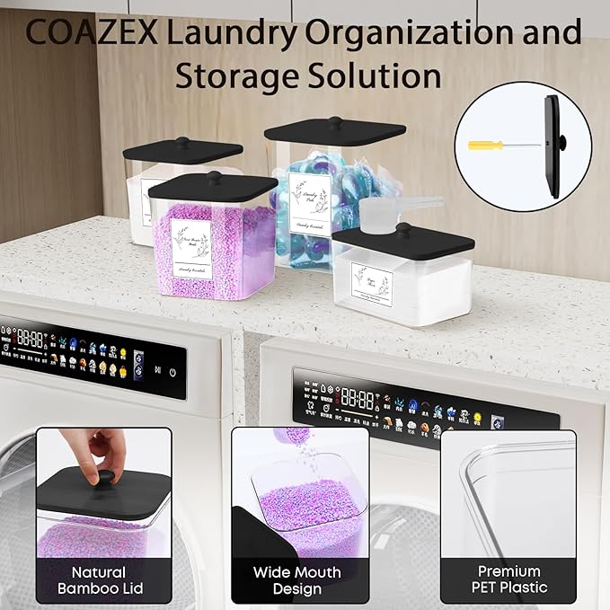 4 Pack Clear Laundry Pods Container & Dryer Sheet Holder, Plastic Square Laundry Room Organization and Storage Jars with Lids, Scoops & Labels for Detergent, Powder, Dryer Balls (Black Lid)