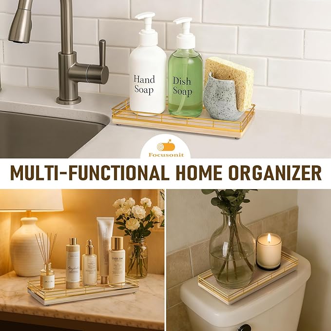 Bathroom Vanity Tray – 12" x 6" Oak Decorative Wooden Tray for Toilet Tank Organizer Wood Tray for Bathroom Countertop, Soap, Perfume & Storage, Vanity & Dresser Decor, Gold & Natural Oak