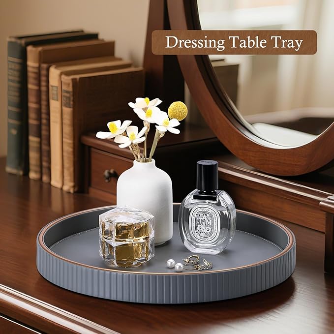 GORESE 12" Round Coffee Table Tray for Home Decor, PU Leather Decorative Serving Tray for Home & Entryway Tables, Perfume and Jewelry Tray for Dresser & Nightstand, Gray