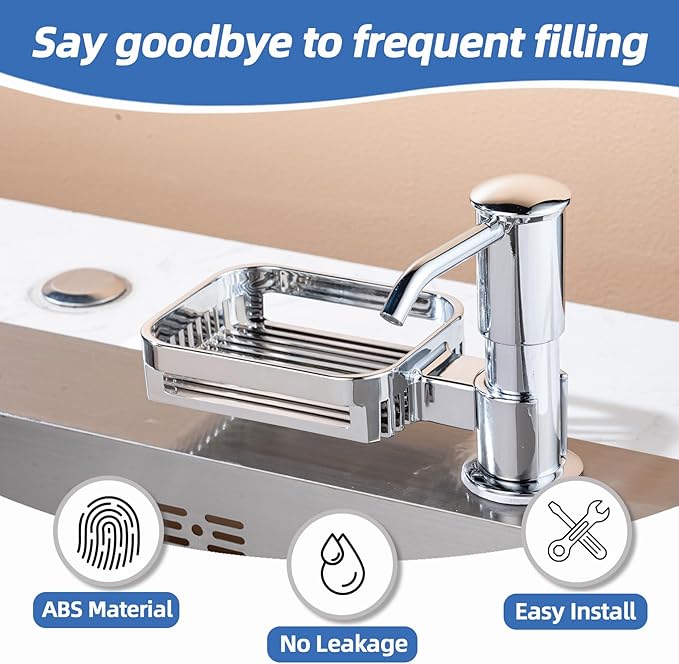 Soap Dispenser for Kitchen Sink with Sponge Holder, Built in Soap Dispenser Pump, Under Counter ABS Pump Head with 38" Extension Tube Kit, Good Suction Power, Chrome