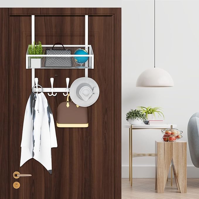 Over The Door Hooks Organizer, Coat Rack Over The Door Storage Hanger Towel Rack, Back of Door Storage Organizer for Bathroom,Bedroom,Kitchen,Office (White, 2-Tier)